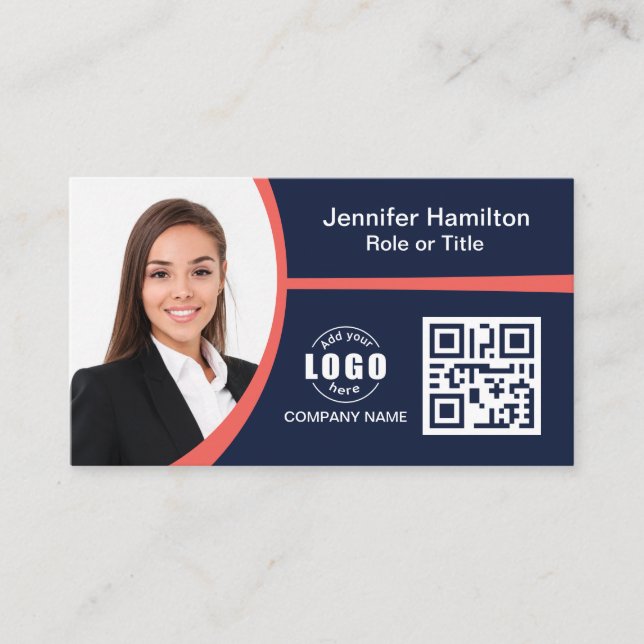 Professional  Red add your Logo QR Code Business Card (Front)