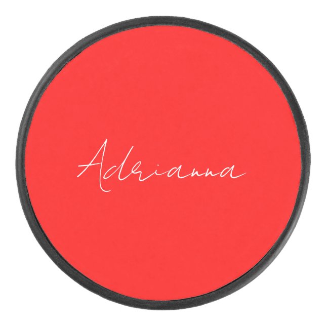 Professional red add your name handwriting retro hockey puck (Front)