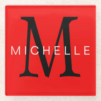 Professional Red Black Monogram Your Name Glass Coaster