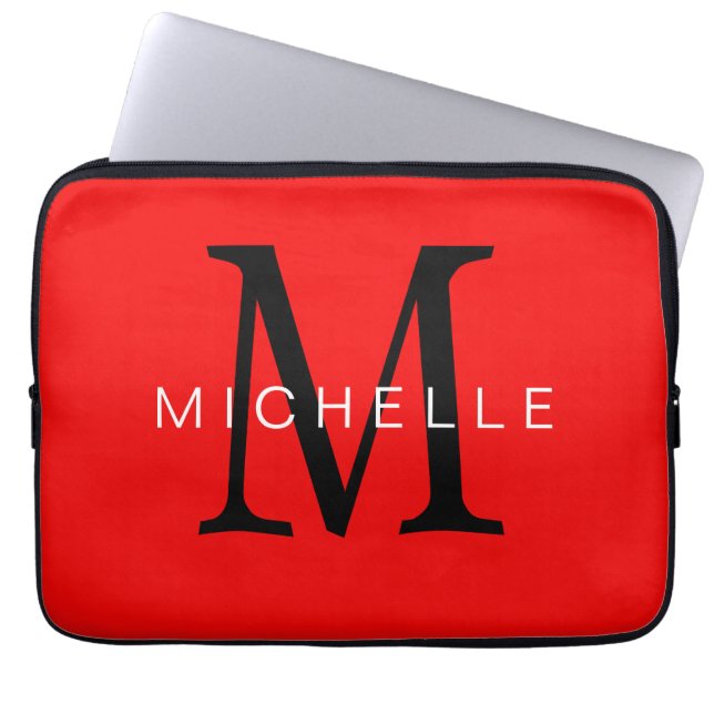 Professional Red Black Monogram Your Name Laptop Sleeve (Front)