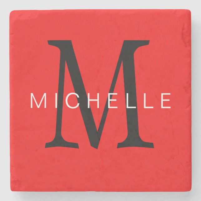 Professional Red Black Monogram Your Name Stone Coaster (Front)