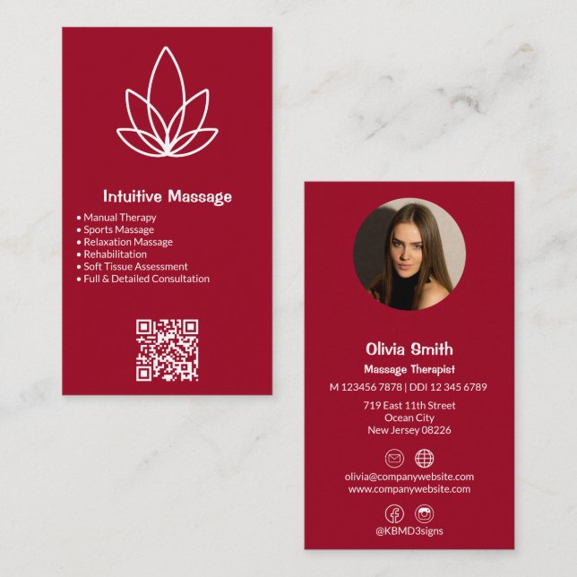 Professional Red Massage Business Card Logo& Photo (Front/Back)