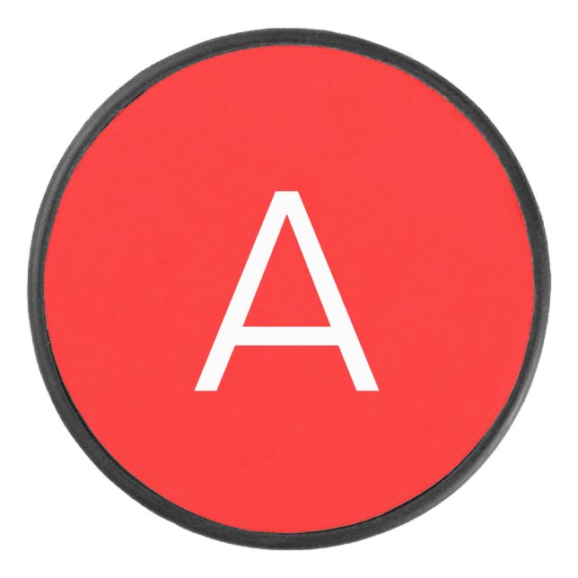 Professional red monogram initial letter hockey puck (Front)