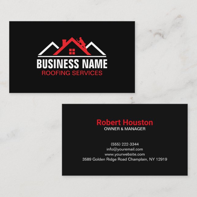 Professional Red Roofing Services Logo Business Card (Front/Back)