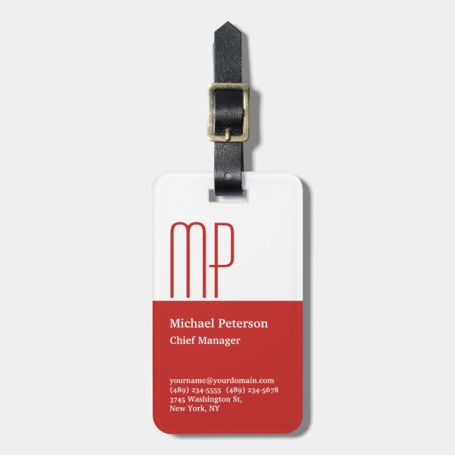 Professional Red White Plain Monogram Modern Luggage Tag (Front Vertical)