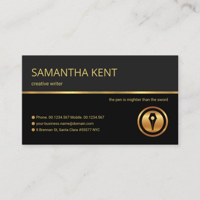 Professional Retro Gold Line Grey Shade Writer Business Card (Front)