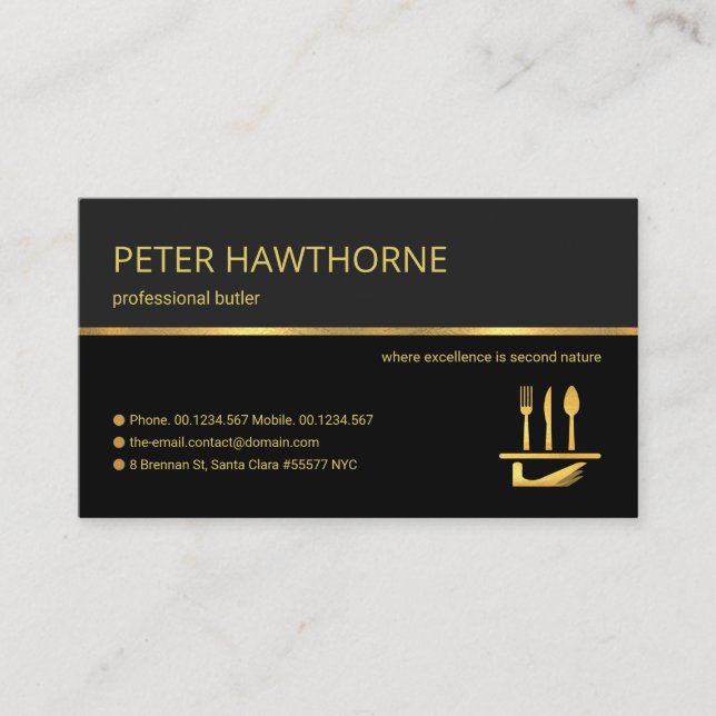 Professional Retro Gold Line Stripe Butler Service Business Card (Front)