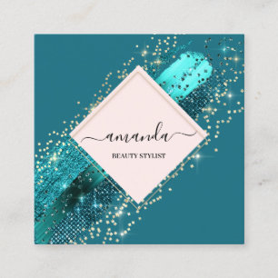 Professional Rose Frame Gold Beauty Logo Blue Teal Square Business Card