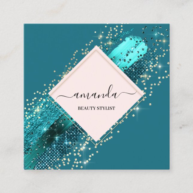 Professional Rose Frame Gold Beauty Logo Blue Teal Square Business Card (Front)