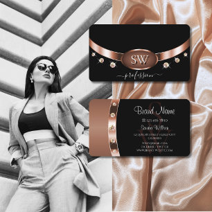 Professional Rose Gold and Black Monogram Diamonds Business Card