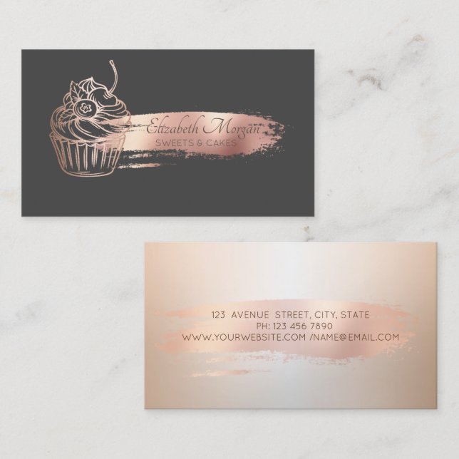 Professional Rose Gold Brush Stroke Cupcake Business Card (Front/Back)