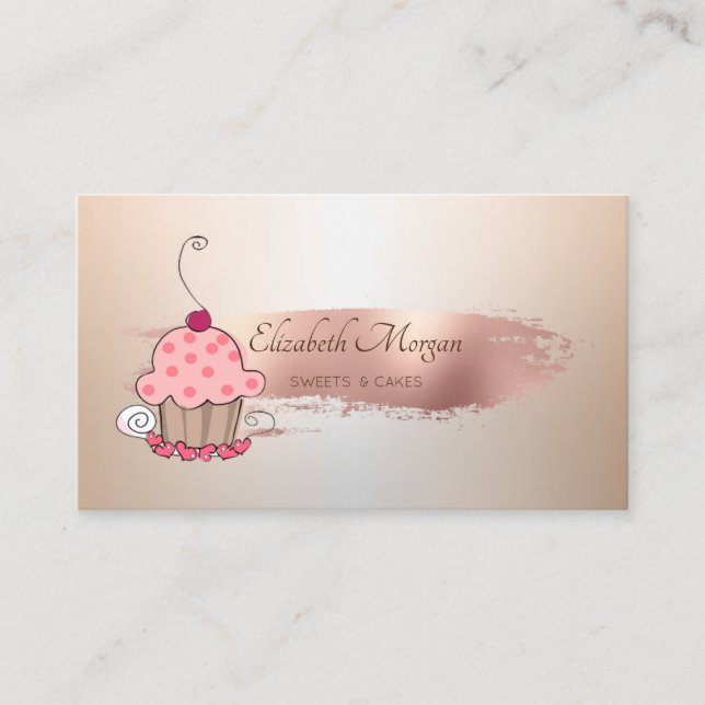 Professional Rose Gold Brush Stroke Cupcake Business Card (Front)