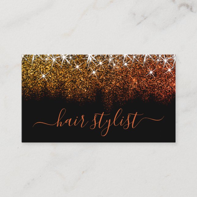Professional Rose Gold Glitter Spark Hair Stylist Business Card (Front)