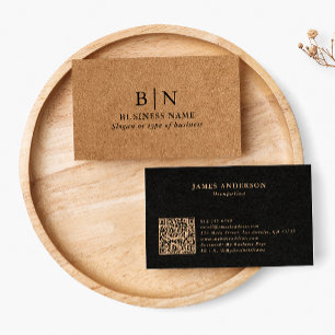 Professional Rustic Faux Kraft Initials & QR Code Business Card