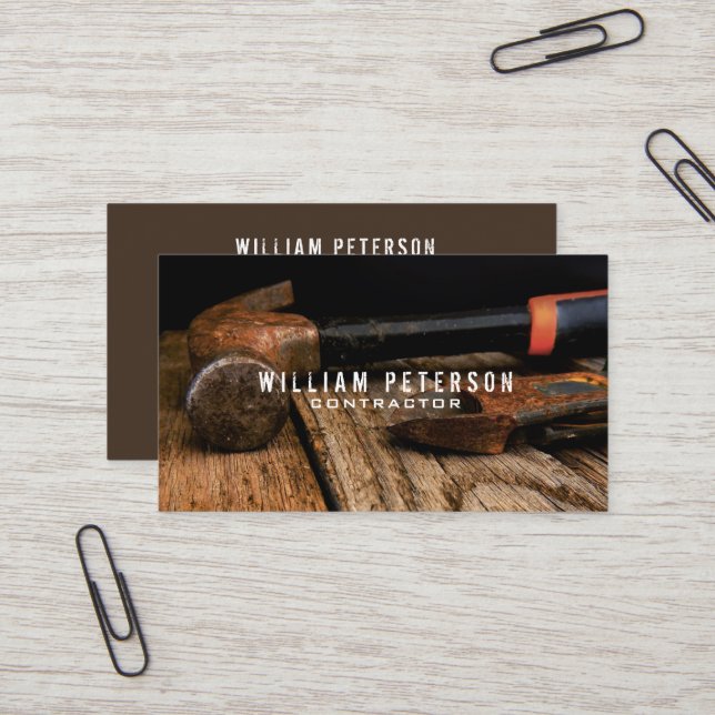 Professional Rustic Tools Construction Contractor Business Card (Front/Back In Situ)