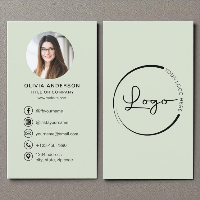 Professional Sage Green Photo Logo Social Media Business Card (Creator Uploaded)