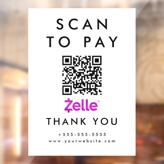 Professional Scan to Pay Zelle QR Code White Window Cling (Sheet 2)