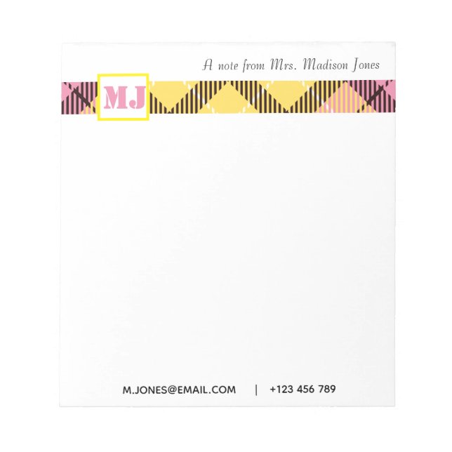 Professional Script Name Modern Monogram Plaid Notepad (Front)