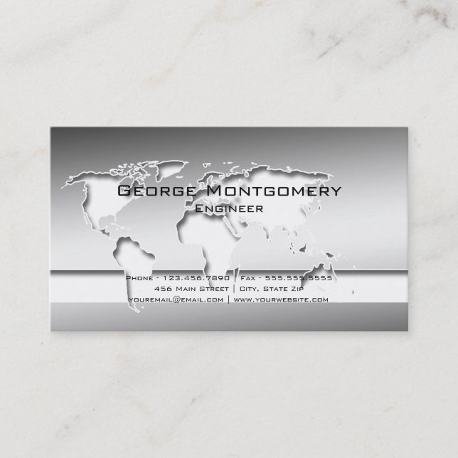 Professional Silver World Map Business Card (Front)