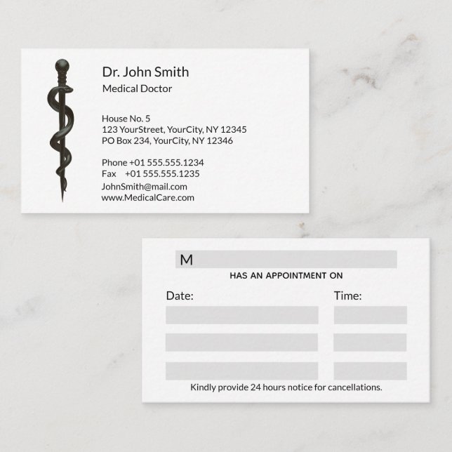 Professional Simple Asclepius Black Medical White Appointment Card (Front/Back)