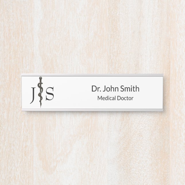 Professional Simple Asclepius Black White Medical Door Sign (Front)