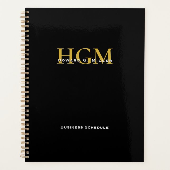 Professional Simple Black Gold 3 Letter Monogram Planner (Front)
