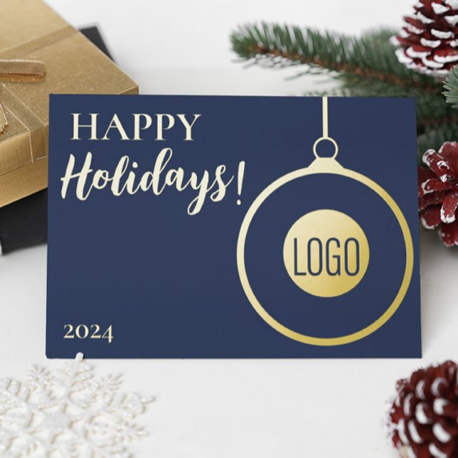 Professional Simple Blue Gold Custom logo  Foil Holiday Card (Corporate logo Blue Gold holiday greeting card)
