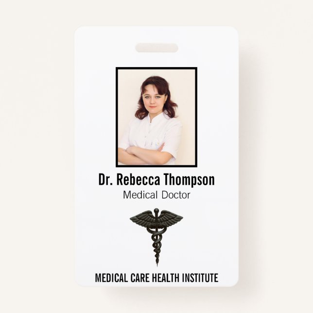 Professional Simple Medical Caduceus Black Photo ID Badge (Front)