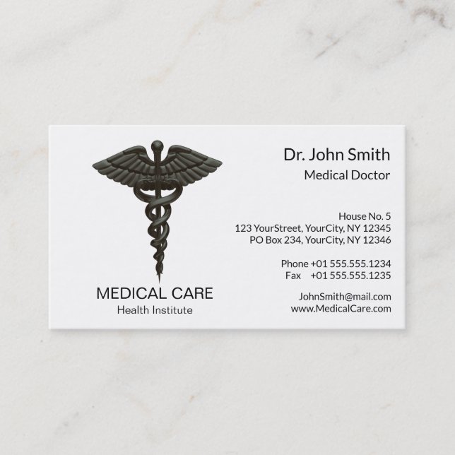 Professional Simple Medical Caduceus Black White Business Card (Front)