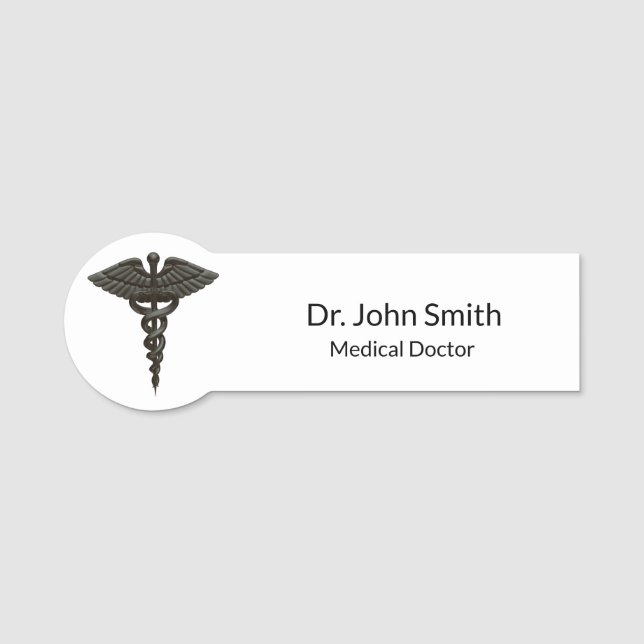 Professional Simple Medical Caduceus Black White Name Tag (Front)