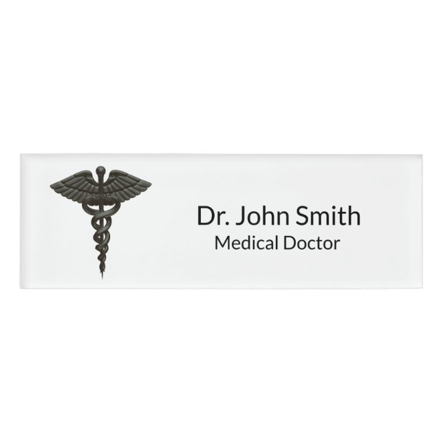 Professional Simple Medical Caduceus Black White Name Tag (Front)