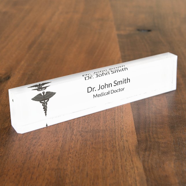 Professional Simple Medical Caduceus Black White Nameplate (Side)
