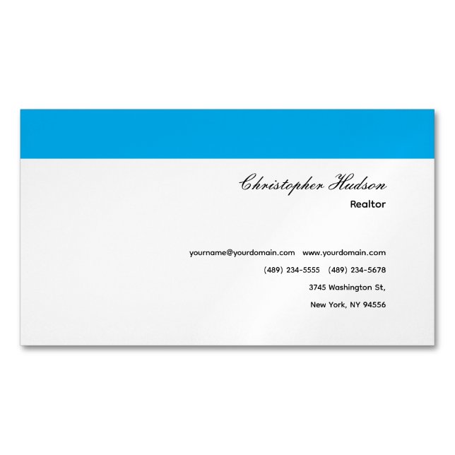Professional Simple Plain Real Estate Blue White Magnetic Business Card (Front)