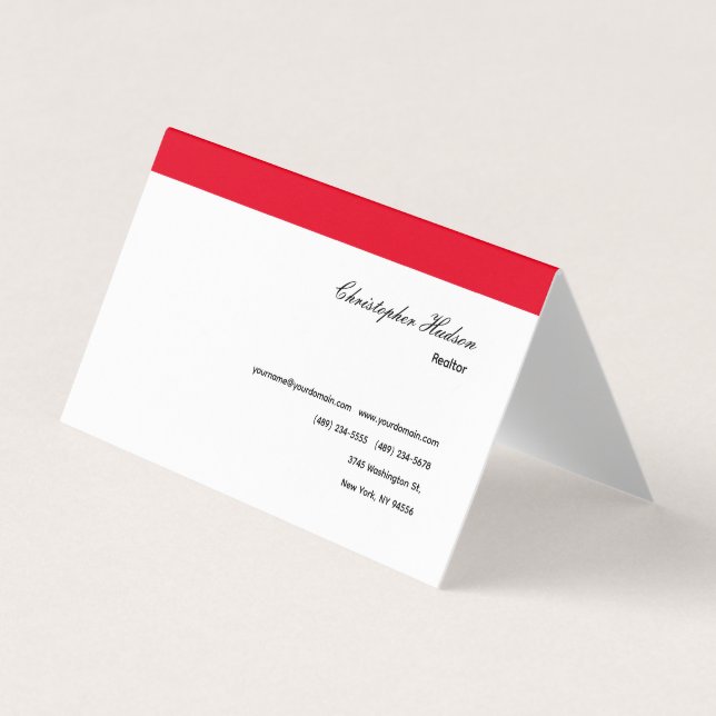 Professional Simple Plain Real Estate Red White Business Card (Front)