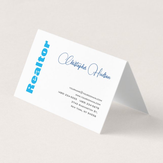 Professional Simple Realtor Real Estate Blue White Business Card (Front)