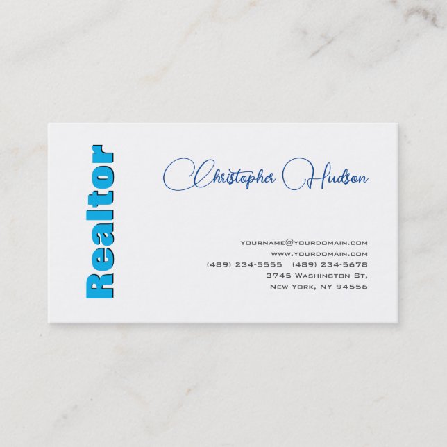 Professional Simple Realtor Real Estate Blue White Business Card (Front)