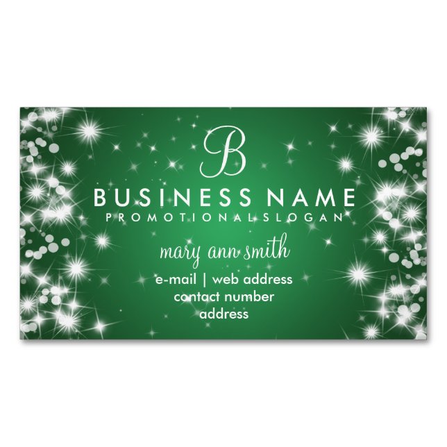 Professional Simple Sparkle Monogram Green Magnetic Business Card (Front)