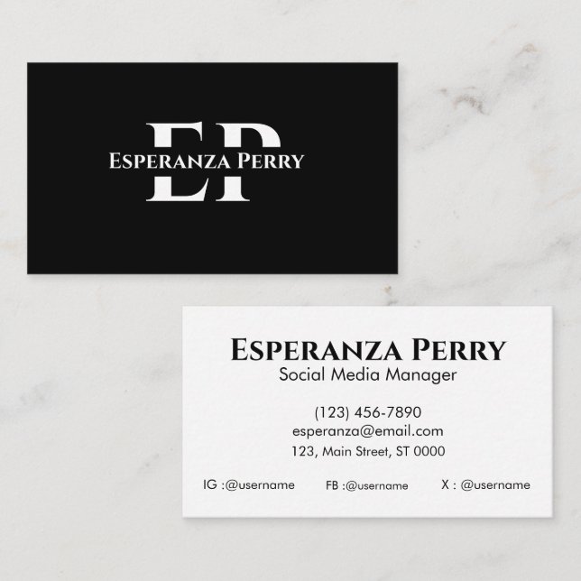 Professional Sleek Bold Black Monogram Classic Business Card (Front/Back)
