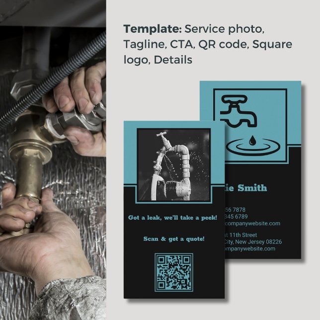 Professional Slogan Blue Plumber Business Card (Professional Slogan Blue Plumber Business Card, Photo, Logo, QR code, CTA, Tagline)