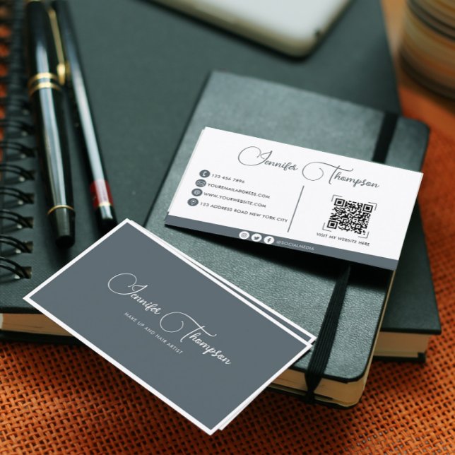 Professional Smoke Blue Script QR Code Business Card (Creator Uploaded)