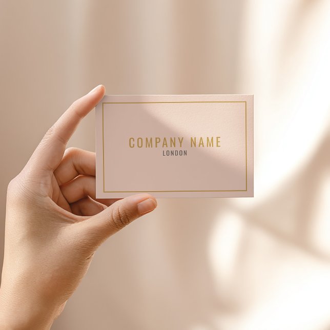 Professional soft peach thin gold border business card (Soft peach pink business card with gold text and modern minimalist border.)