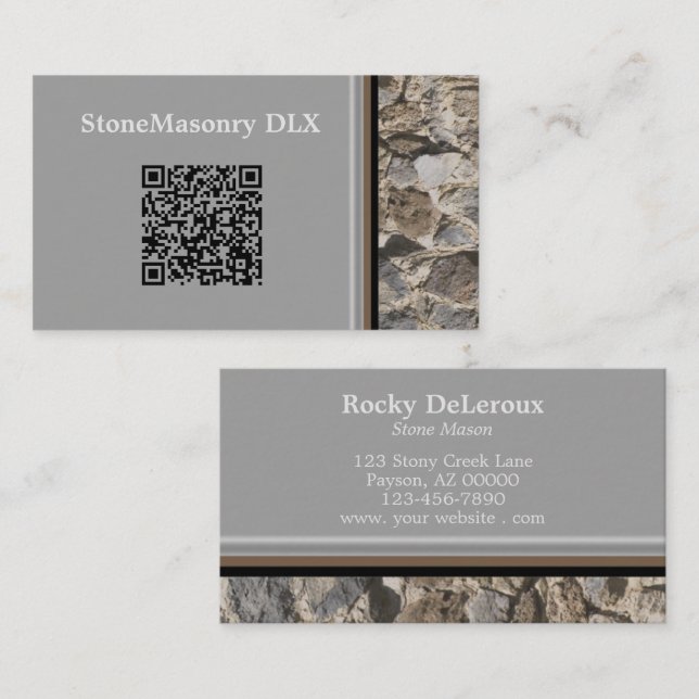 Professional Stonemason Rustic Rock Border QR Code Business Card (Front/Back)