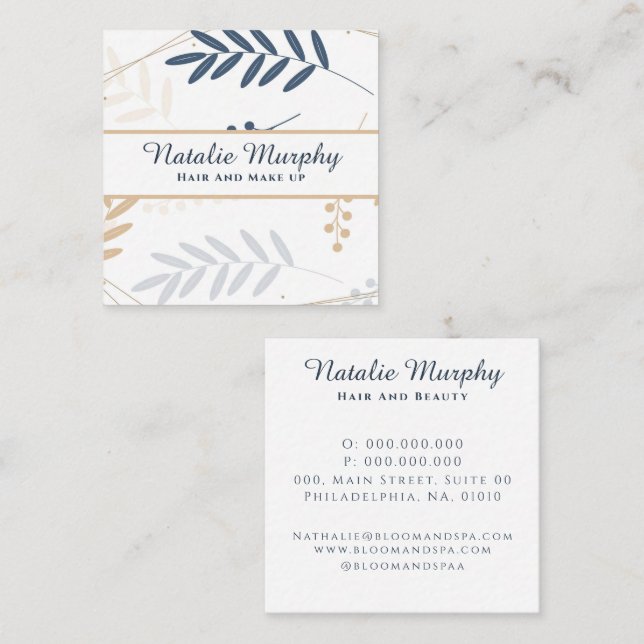 Professional Stylish Botanical Navy Beige Grey Square Business Card (Front/Back)