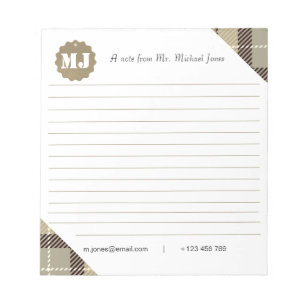 Professional Stylish Monogram Script Tartan Lined Notepad