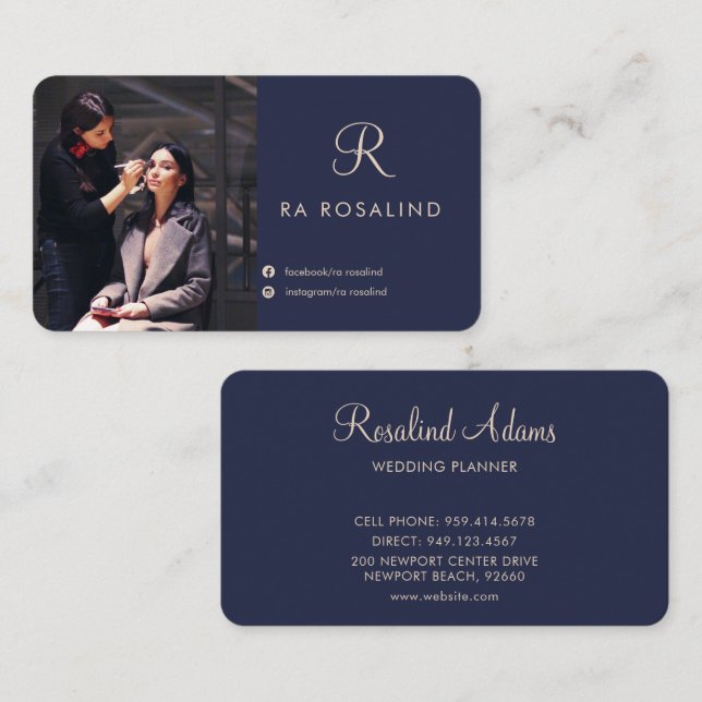 Professional Stylish Navy Blue Monogrammed Photo Business Card (Front/Back)