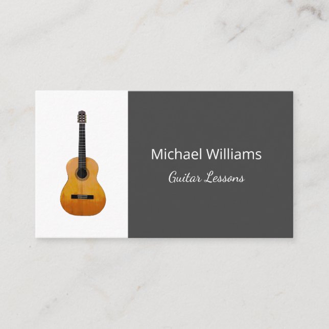 Professional Teacher Guitar Music Lessons Grey Business Card (Front)