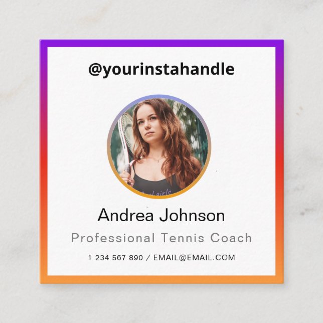 Professional Tennis Coach Photo & QR Code Colourfu Square Business Card (Front)