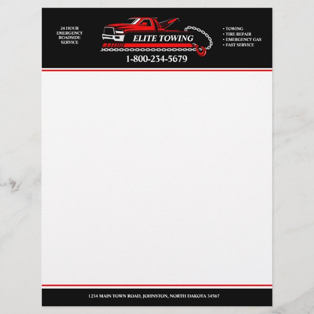 Professional Tow Truck Service Custom Letterhead (Front)
