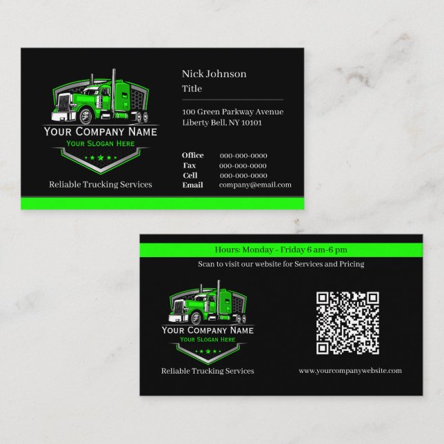 Professional Trucking Hauling Company QR Code Business Card (Front/Back)
