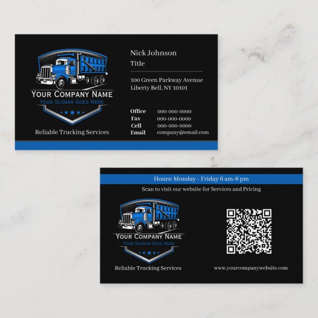 Professional Trucking Hauling Company QR Code Business Card (Front/Back)